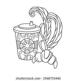 Libro de colorear. Café desechable, croissant. Café para llevar, desayuno. Elementos Doodle Ilustración del vector