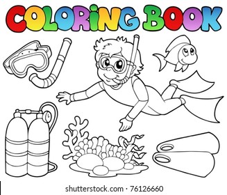 Libro de colorear con tema de buceo - ilustración vectorial.