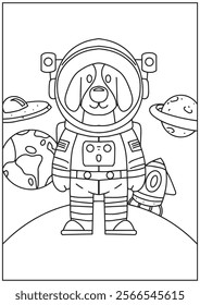 Coloring book dog astronaut in the planet space 