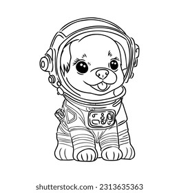 Coloring book: dog astronaut, in spacesuit, isolated vector illustration on white background