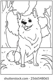 Coloring book dog with cute face standing in the nature forest 