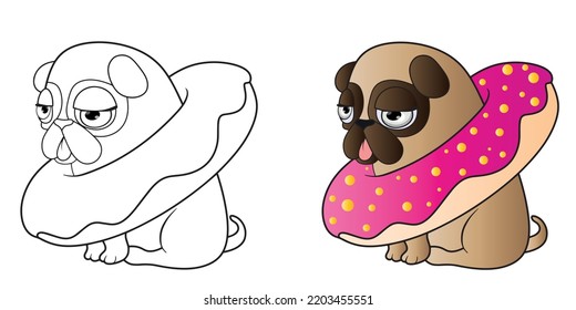 Coloring Book Dog With Donut, Cute Dog Clipart, Dog Illustration Color And Black And White, Vector Illustration Bulldog And Donut, Print Dog