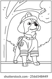 Coloring book dog firefighter with angry face standing 