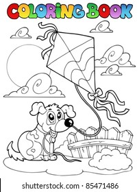 Coloring book with dog and kite - vector illustration.