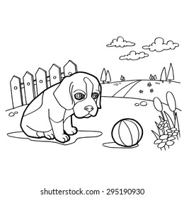 Coloring book with dog and landscape