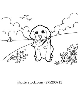 Coloring book with dog and landscape
