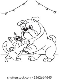 Coloring book dog play with cute cat design