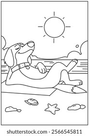 Coloring book dog relax calm in the beach nature 