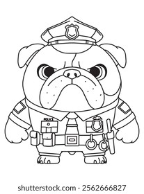 Coloring book dog standing pose wearing police uniform 