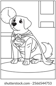 Coloring book dog wearing cape superhero pose 