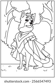 Coloring book dog wearing king crown king costume with nature forest background 