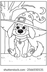 Coloring book dog wearing witch hat with mad face expression 