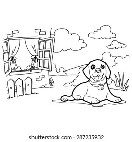 Coloring book with dog and window