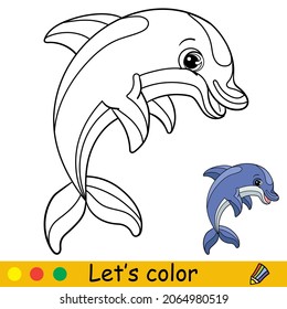 Coloring book dolphin for preschool kids with easy educational gaming level. Freehand sketch drawing. Vector illustration. For print, game, education, party, design and decor