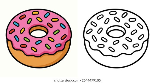 Coloring book of a donut with pink glaze and rainbow toppings outline vector illustration