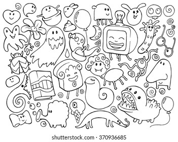 Coloring book doodle illustrations set with many fantasy funny characters, monsters, strange creatures
