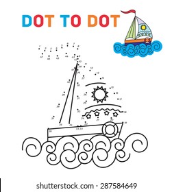 Coloring book dot to dot. The boat. For teaching young children. Connect the dots by numbers and paint a picture. Vector illustration.