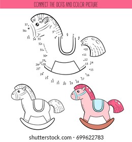 Coloring book and dot to dot educational game for kids. Connect the dots puzzle. Worksheet for class or at home with the kids. Cartoon toy horse rocking