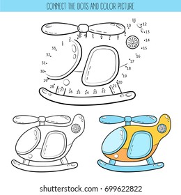 Coloring book and dot to dot educational game for kids. Connect the dots puzzle. Worksheet for class or at home with the kids. Cartoon toy helicopter