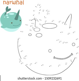 Coloring book and dot to dot game for children. Numbers game. narwhal vector illustration