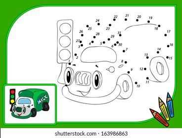 Coloring book dot to dot. Vector illustration of funny lorry