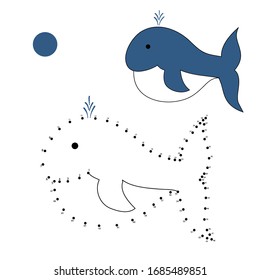 Colorando el libro punto a punto. Dibujo vectorial caricatura de ballena