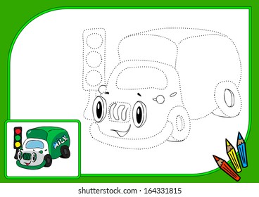 Coloring book with dots. Vector illustration of funny lorry