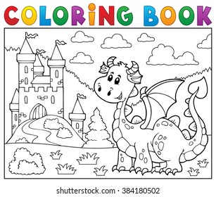 Coloring book dragon near castle theme 1 - eps10 vector illustration.