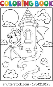 Coloring book dragon on tower image 1 - eps10 vector illustration.