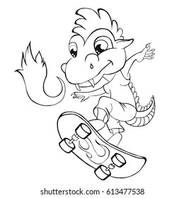 Coloring book  dragon skater. Cartoon style. Clip art for children.