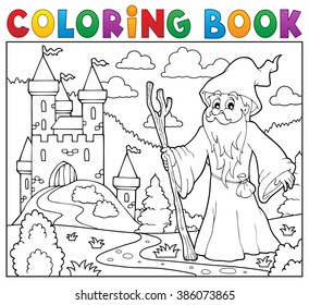 Coloring book druid near castle - eps10 vector illustration.