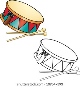 Coloring book. Drum and drumsticks. Vector illustration