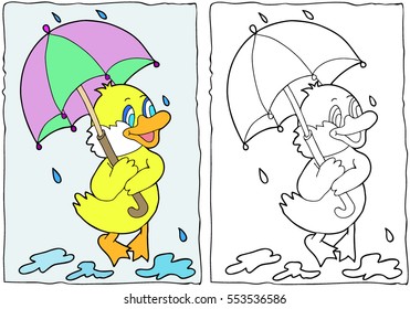  Coloring  book. Duck with an umbrella.  Hand drawn. Black and white. Children, adults. Color vector illustration.