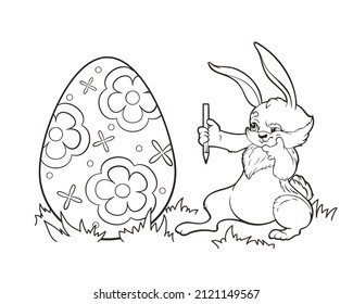 Coloring Book Easter Bunny Artist With A Pencil Marks The Drawing On The Egg.Vector Illustration In Cartoon Style, Black And White Line Art