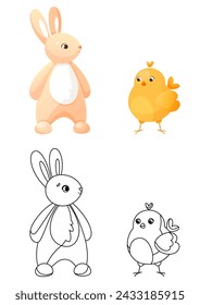 Coloring book, Easter bunny and cute chicken stand next to each other. Children's coloring book with a color example. Coloring book, practice sheet for children in school or kindergarten.