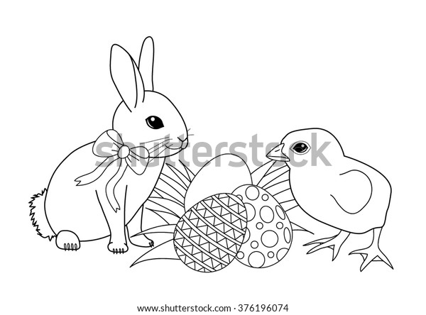 Coloring Book Easter Bunny Eggs Chicken Stock Vector Royalty Free