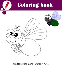 Libro de colorear para educar a los niños. Juego educativo visual. Coloriendo páginas. Una mosca verde suave. Ilustración vectorial de dibujos animados para niños
