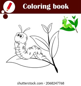 Coloring book to educate kids. Visual educational game. Coloring pages. Cute caterpillar on a leaf on a twig. Cartoon vector illustration for kids