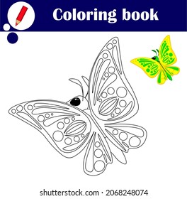 Coloring book to educate kids. Visual educational game. Coloring pages. Beautiful flying multicolored butterfly. Cartoon vector illustration for kids