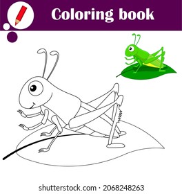Coloring book to educate kids. Visual educational game. Coloring pages. Cute green grasshopper on a leaf. Cartoon vector illustration for kids