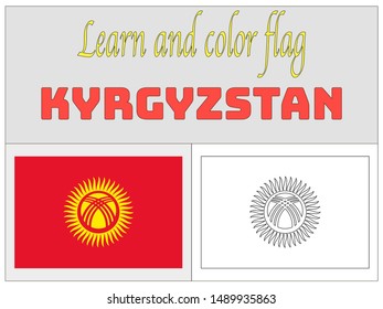 Coloring Book for Education and learning National flag of Kyrgyz Republic know as Kyrgyzstan . original colors and proportion. Simply vector illustration, from countries flag set.