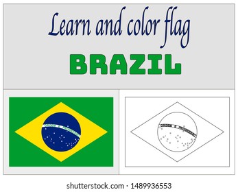 Coloring Book for Education and learning National flag of Federative Republic of Brazil. original colors and proportion. Simply vector illustration, from countries flag set.