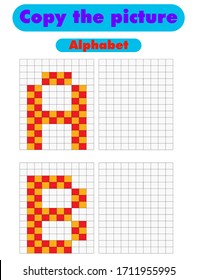 Coloring book. Educational game for children. Copy the picture with alphabet letters using the grid, pixel art, educational paper game for the development of children, printable worksheet. Vector.