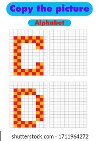 Coloring book. Educational game for children. Copy the picture with alphabet letters using the grid, pixel art, educational paper game for the development of children, printable worksheet. Vector.