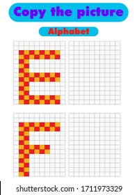 Coloring book. Educational game for children. Copy the picture with alphabet letters using the grid, pixel art, educational paper game for the development of children, printable worksheet. Vector.