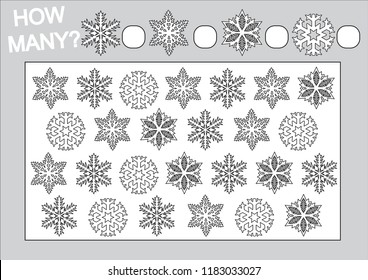 Coloring book and educational game how many snowflakes for children. Vector illustration.