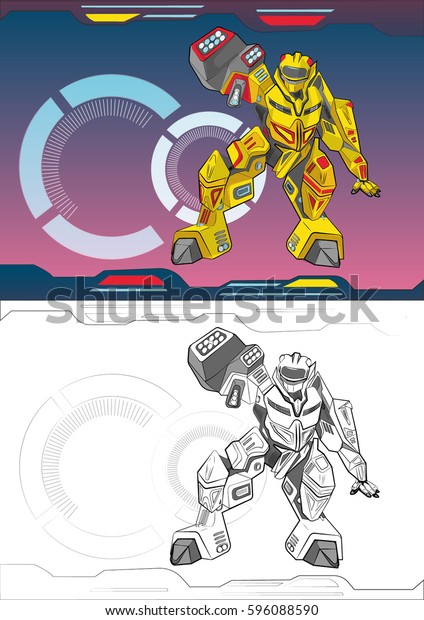 Coloring book with electronic\
mechanisms outline vector illustration of a  robot, Cyborg, for\
boys.