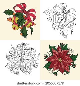 coloring book with elements of decorations for the new year and Christmas holiday