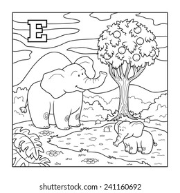 Coloring book (elephant), colorless alphabet for children: letter E