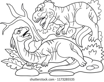 coloring book, evil carnivorous predator attacked a herbivorous dinosaur